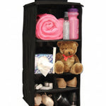 Dream Duffel 6 Pocket Hanging Caddy in Black, detail view showing pocket organization and extendable shelves