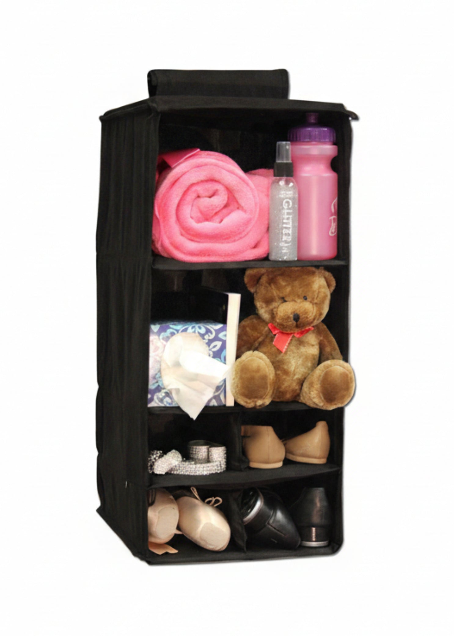 Dream Duffel 6 Pocket Hanging Caddy in Black, detail view showing pocket organization and extendable shelves