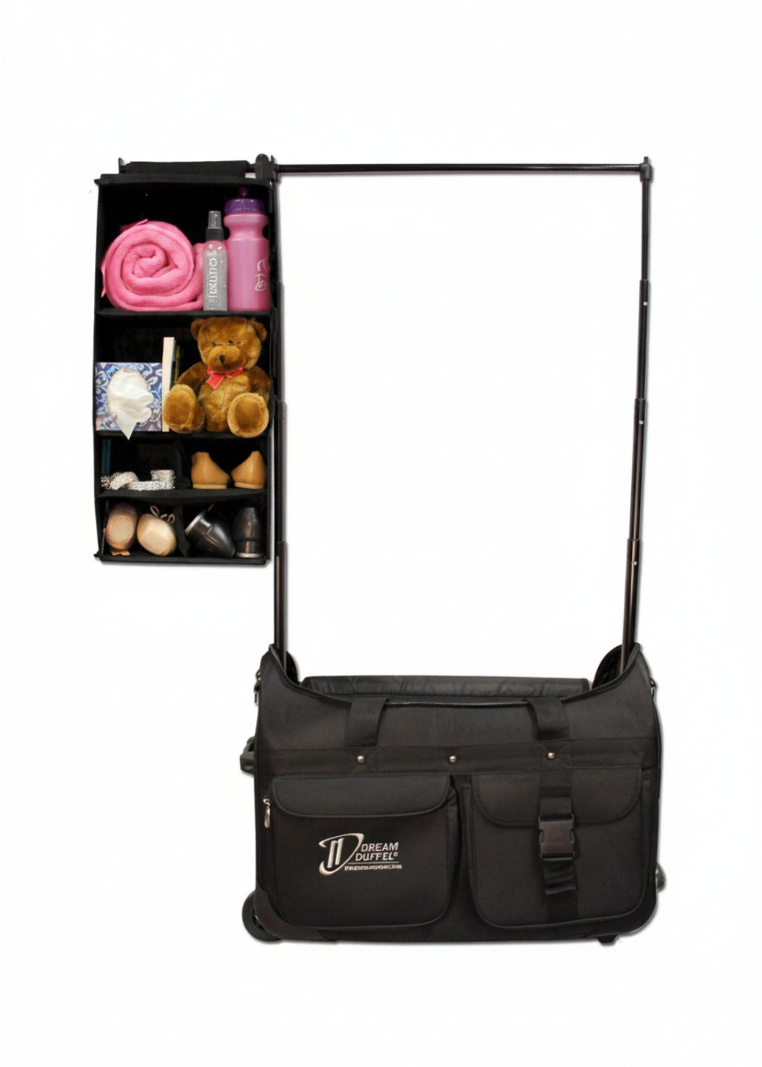 Dream Duffel 6 Pocket Hanging Caddy in Black, lifestyle view showing six pockets loaded with dance accessories