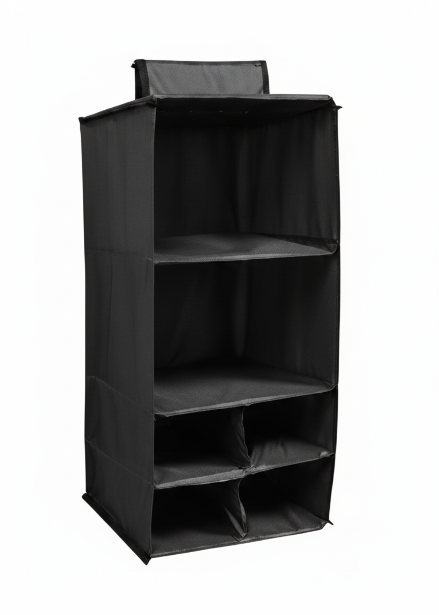 Dream Duffel 6-pocket hanging caddy in Black, angled front view showing 2 large open shelves, 4 divided lower compartments, black trim, and top garment bar hook