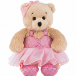 Ganz 6" Wee Bears plush in tan, front view showing pink bow, sparkly pink bodice, layered tutu, and matching ballet slippers