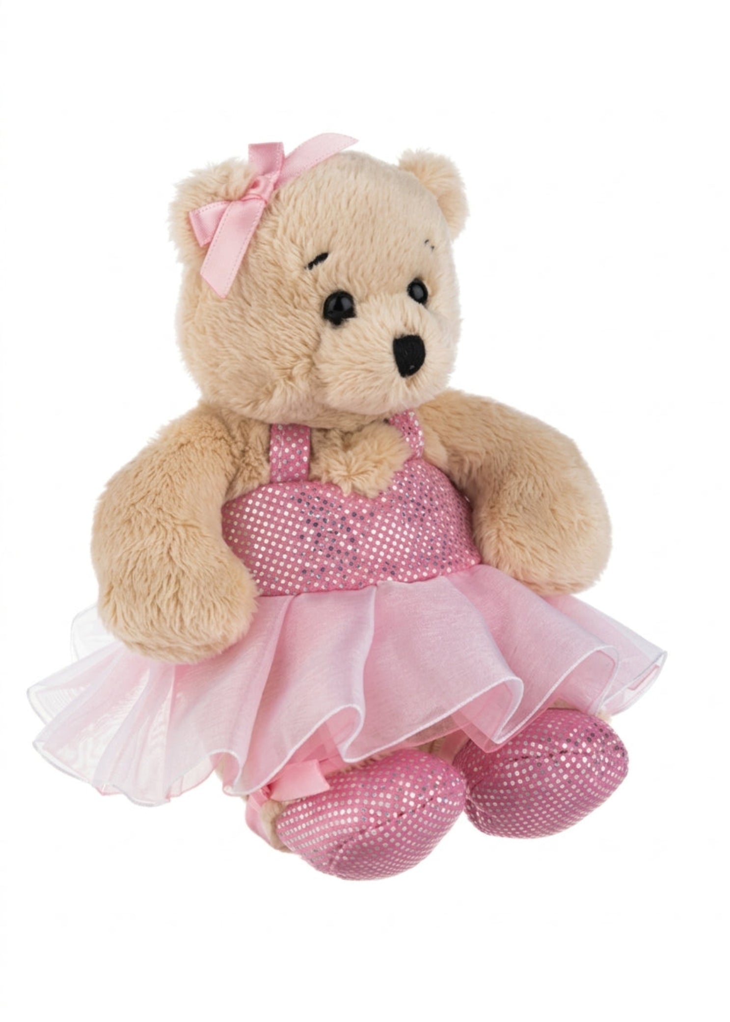 Ganz 6" Wee Bears in Pink, angled side view showing sparkly pink bodice, layered tutu, and ballet slippers