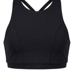 Elevate Her 8 Count Top in Black, front view showing high neckline, curved contour seams and wide underband