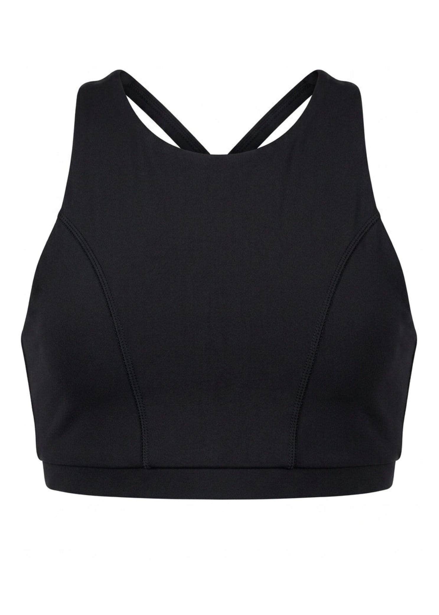 Elevate Her 8 Count Top in Black, front view showing high neckline, curved contour seams and wide underband