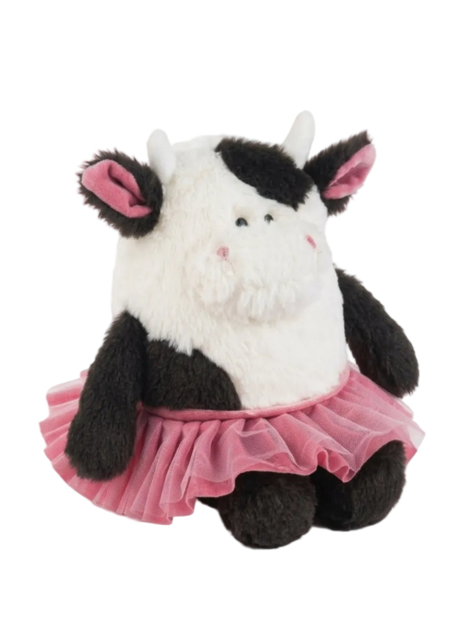 Ganz 8" Clarissa Cow in Pink, angled side view showing black and white plush body and pink tulle tutu