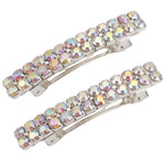 FH2 AB Crystal Hair Barrette Pair in Crystal AB, front view showing iridescent rhinestone bar barrettes on retail card