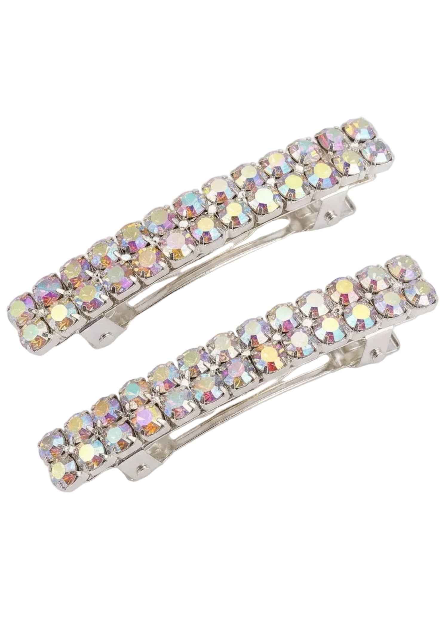 FH2 AB Crystal Hair Barrette Pair in Crystal AB, front view showing iridescent rhinestone bar barrettes on retail card