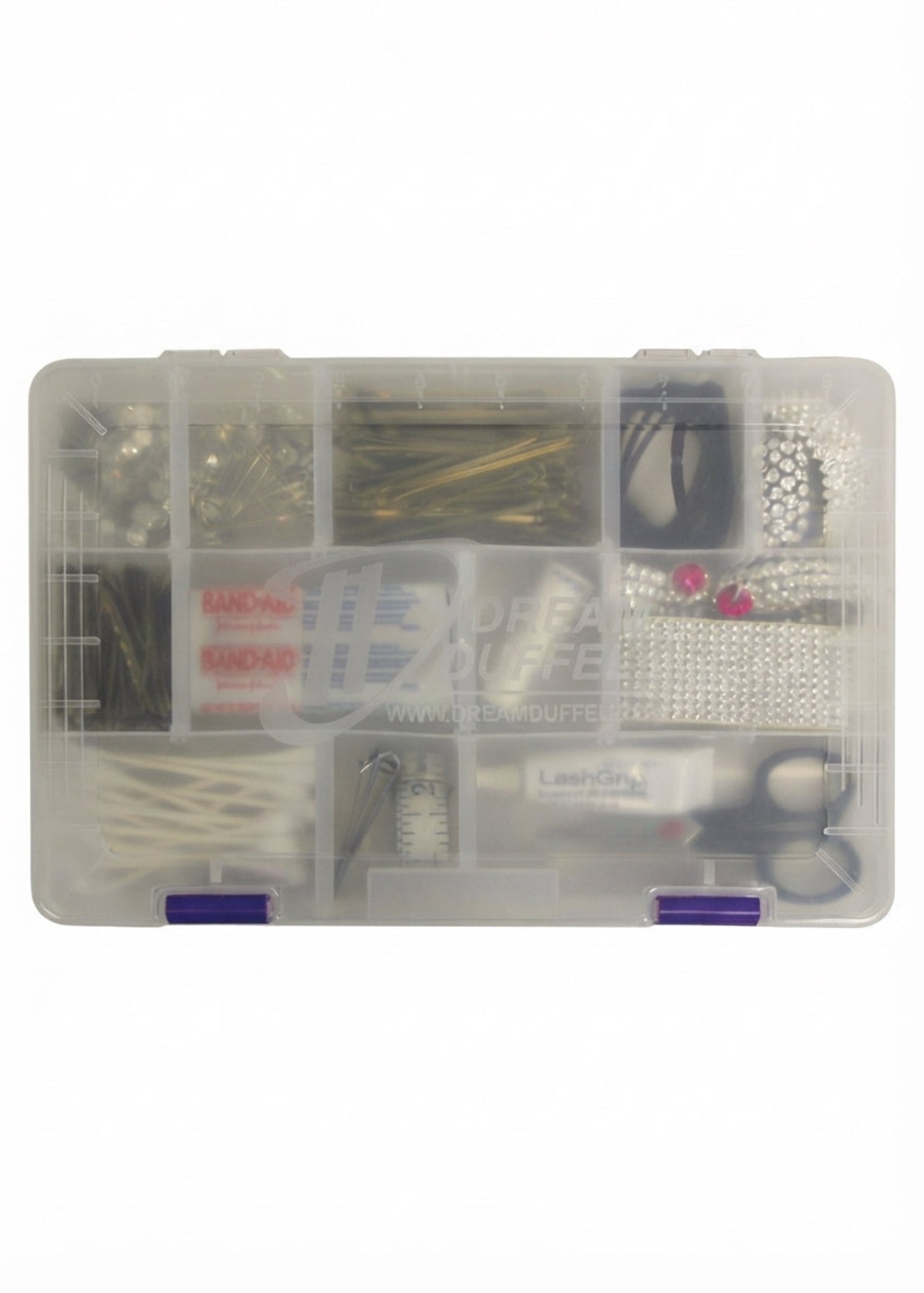 Dream Duffel Accessory Box in Clear, lifestyle view showing closed clear plastic organizer with secure clips