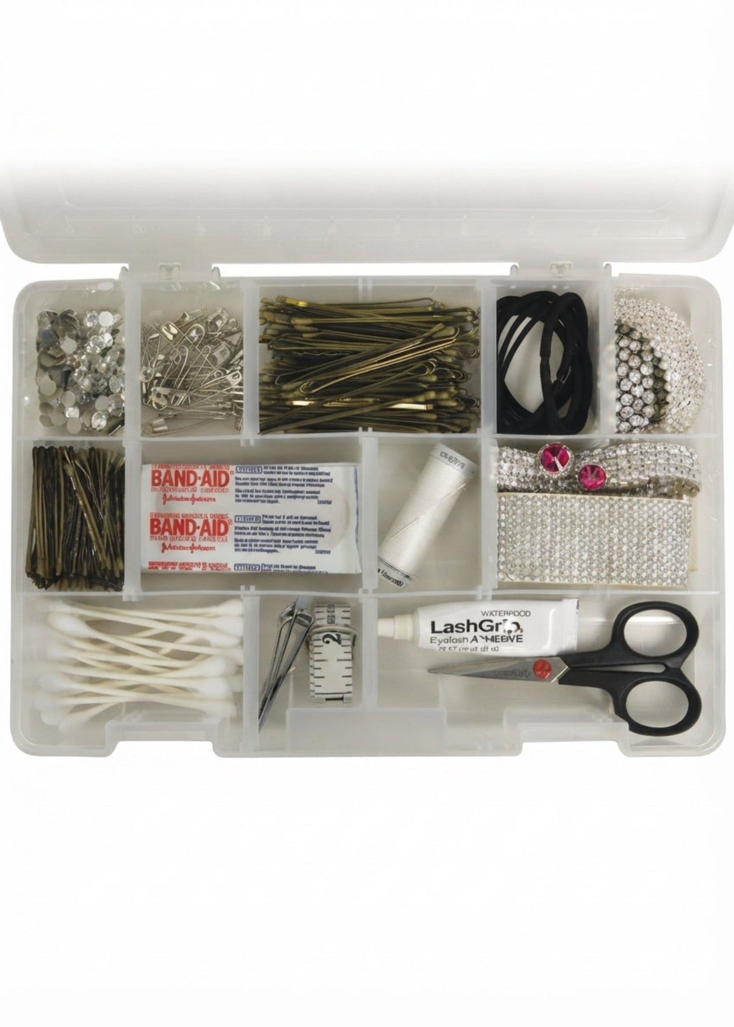 Dream Duffel Accessory Box in Clear, lifestyle view showing open organizer with adjustable compartments