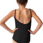 Capezio Nylon Adjustable Strap Cami Leotard in Black, back view showing scoop back and adjustable cami straps