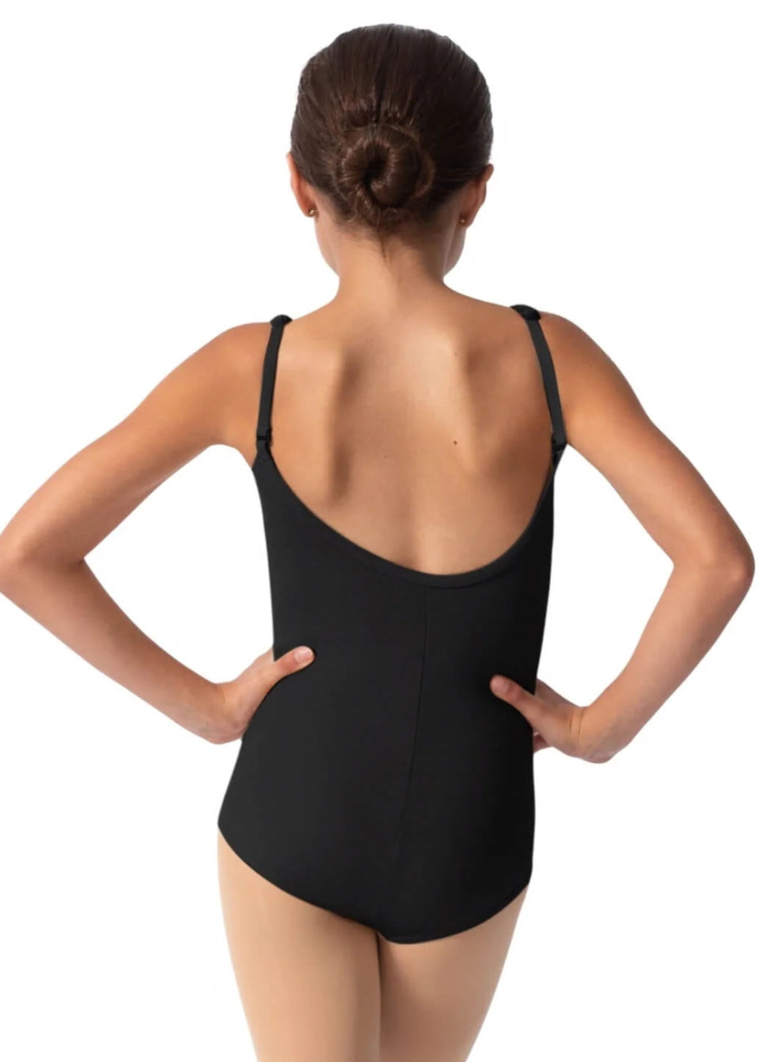 Capezio Nylon Adjustable Strap Cami Leotard in Black, back view showing scoop back and adjustable cami straps
