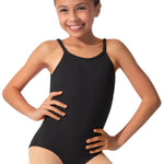Capezio Nylon Adjustable Strap Cami Leotard in Black, front view showing smooth bodice and ballet leg line