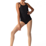 Capezio Nylon Adjustable Strap Cami Leotard in Black, lifestyle view showing cami straps and ballet leg line