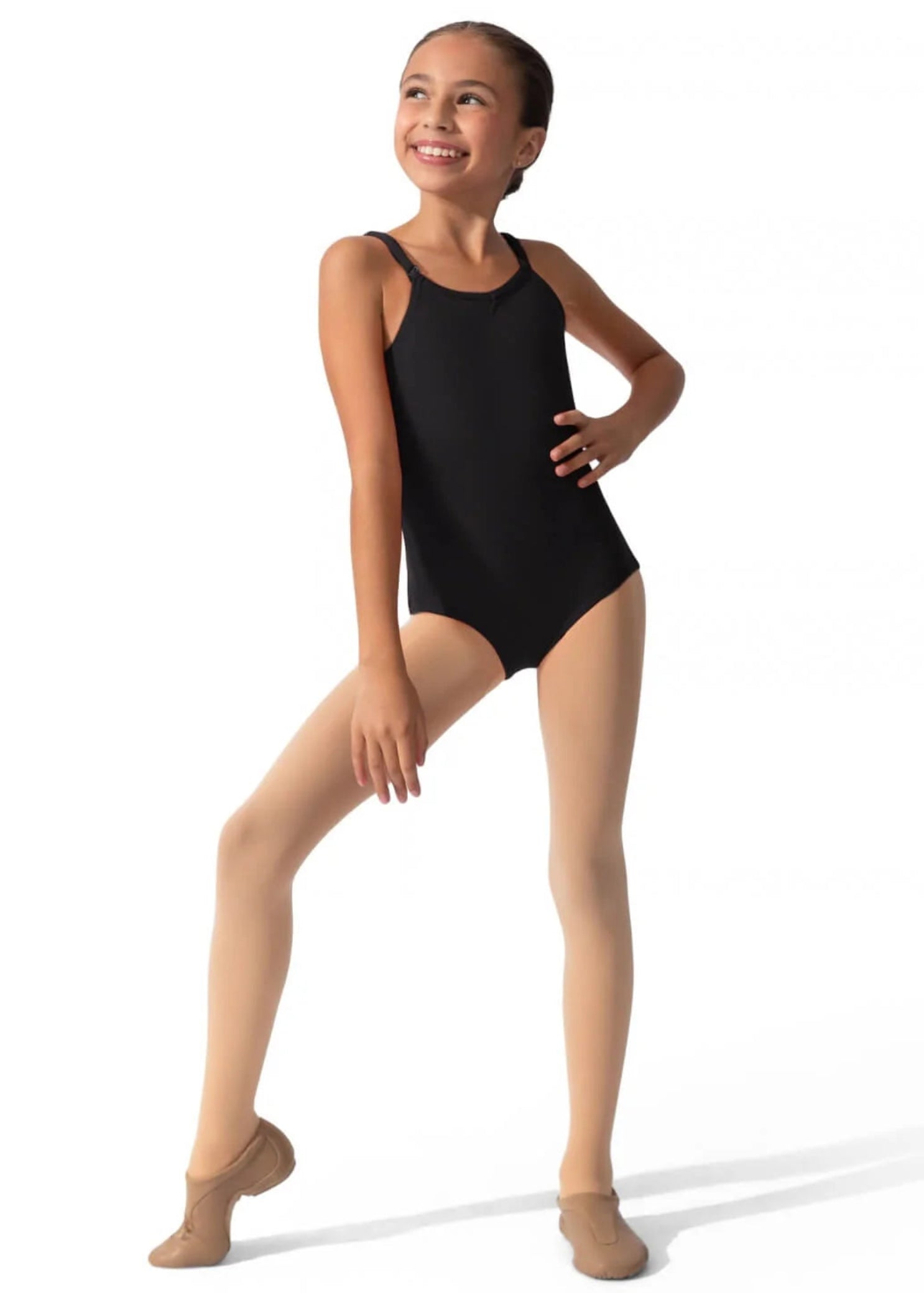 Capezio Nylon Adjustable Strap Cami Leotard in Black, lifestyle view showing cami straps and ballet leg line