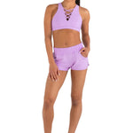 Every Turn Aerobics Short in Lavender, front view showing elastic waistband and fitted athletic short
