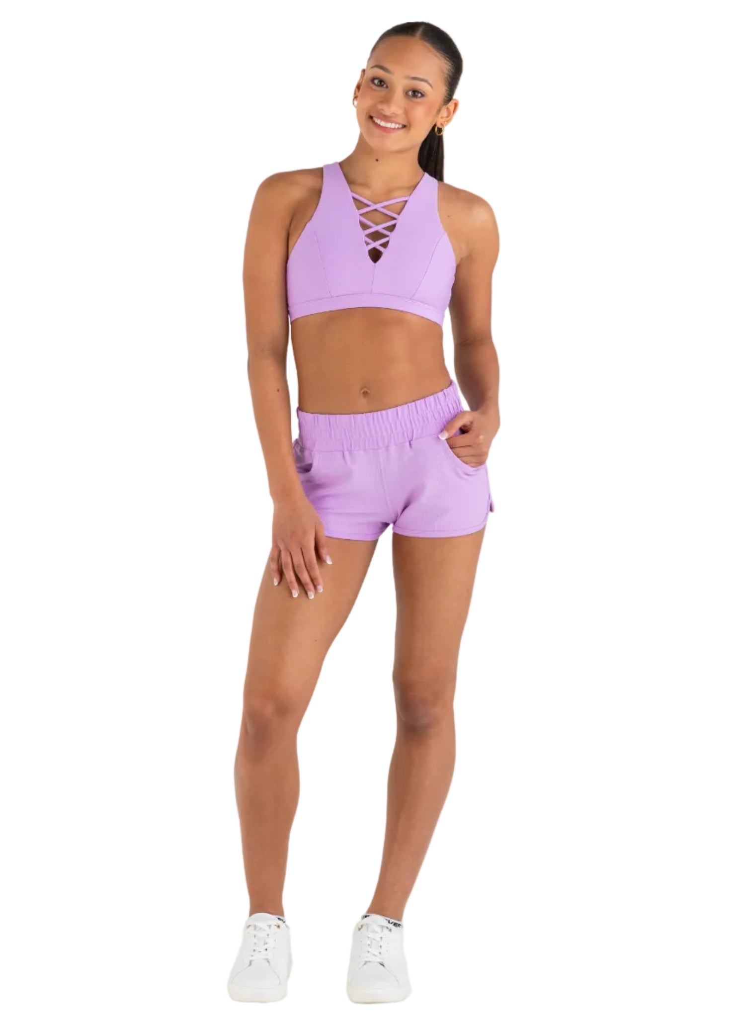 Every Turn Aerobics Short in Lavender, front view showing elastic waistband and fitted athletic short