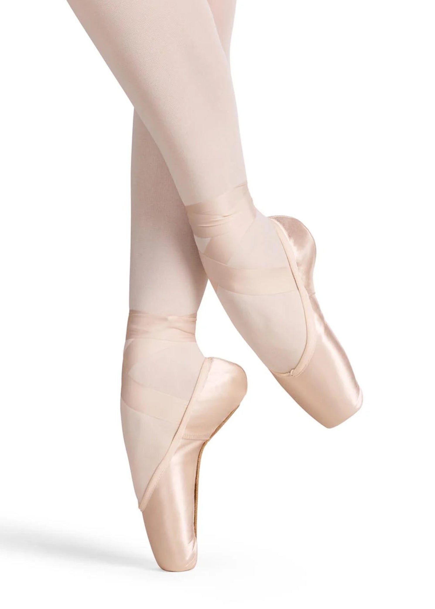 RP Collection Akoya Pointe Shoe in Pink, lifestyle view showing satin upper and vamp with ribbon wrap en pointe