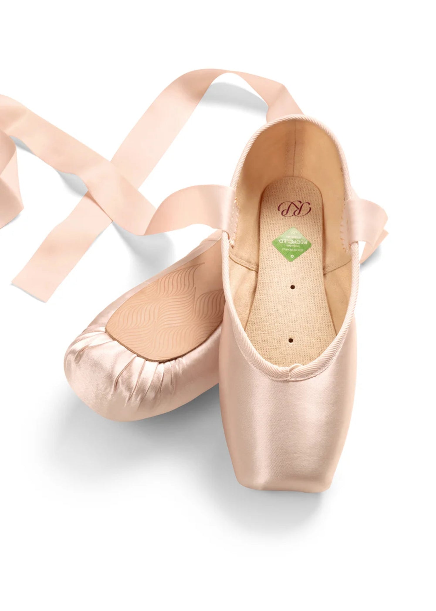 RP Collection Akoya Pointe Shoe in Pink, top view showing platform and satin upper construction