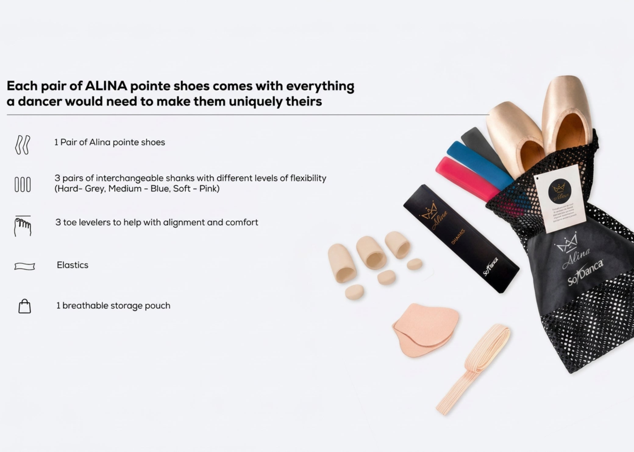 So Danca Alina Shanks, kit contents view showing pointe shoes, three shank strengths, toe levelers and pouch