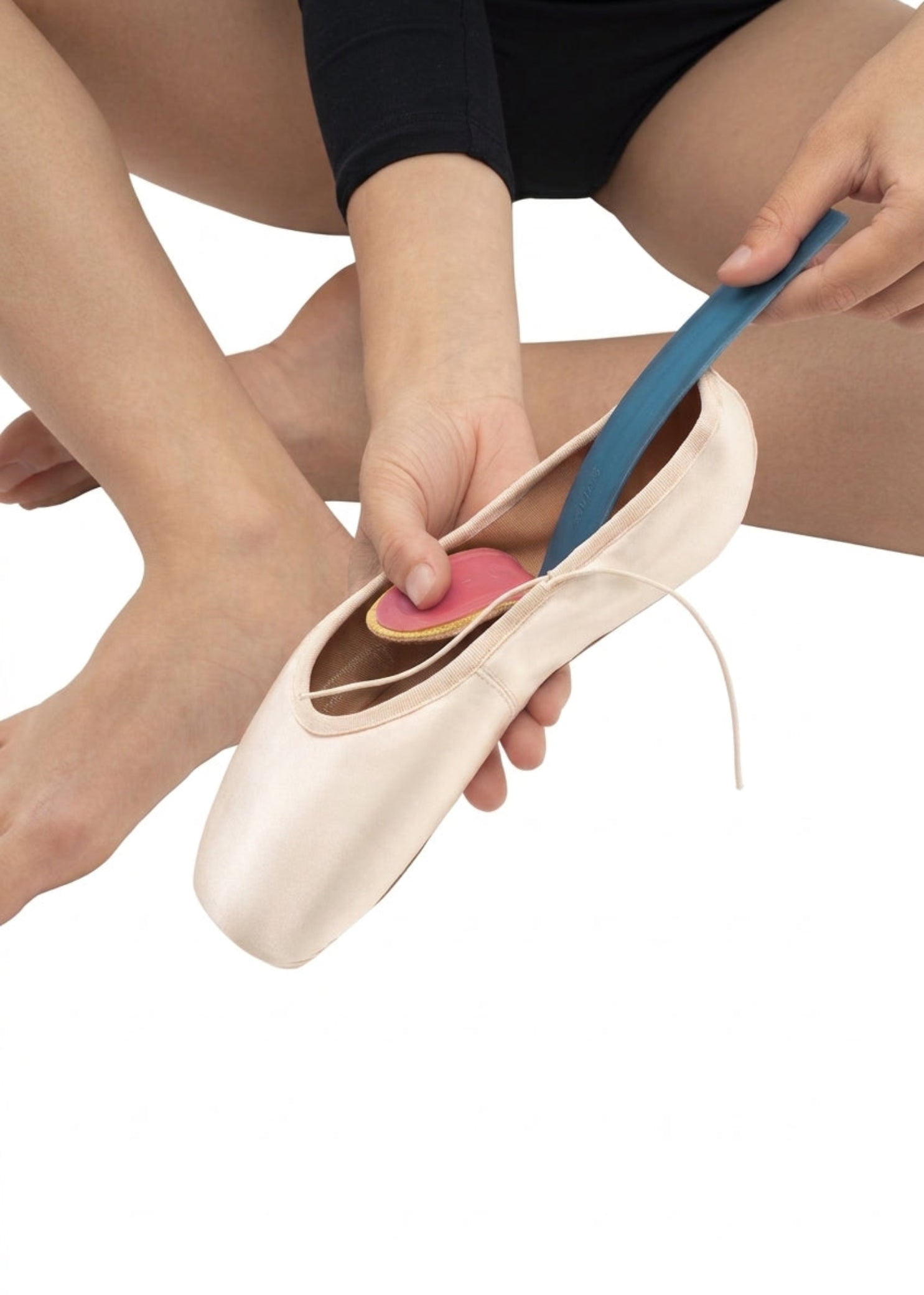 So Danca Alina Shanks in Medium (Blue), application guide view showing close-up of shank sliding beneath insole