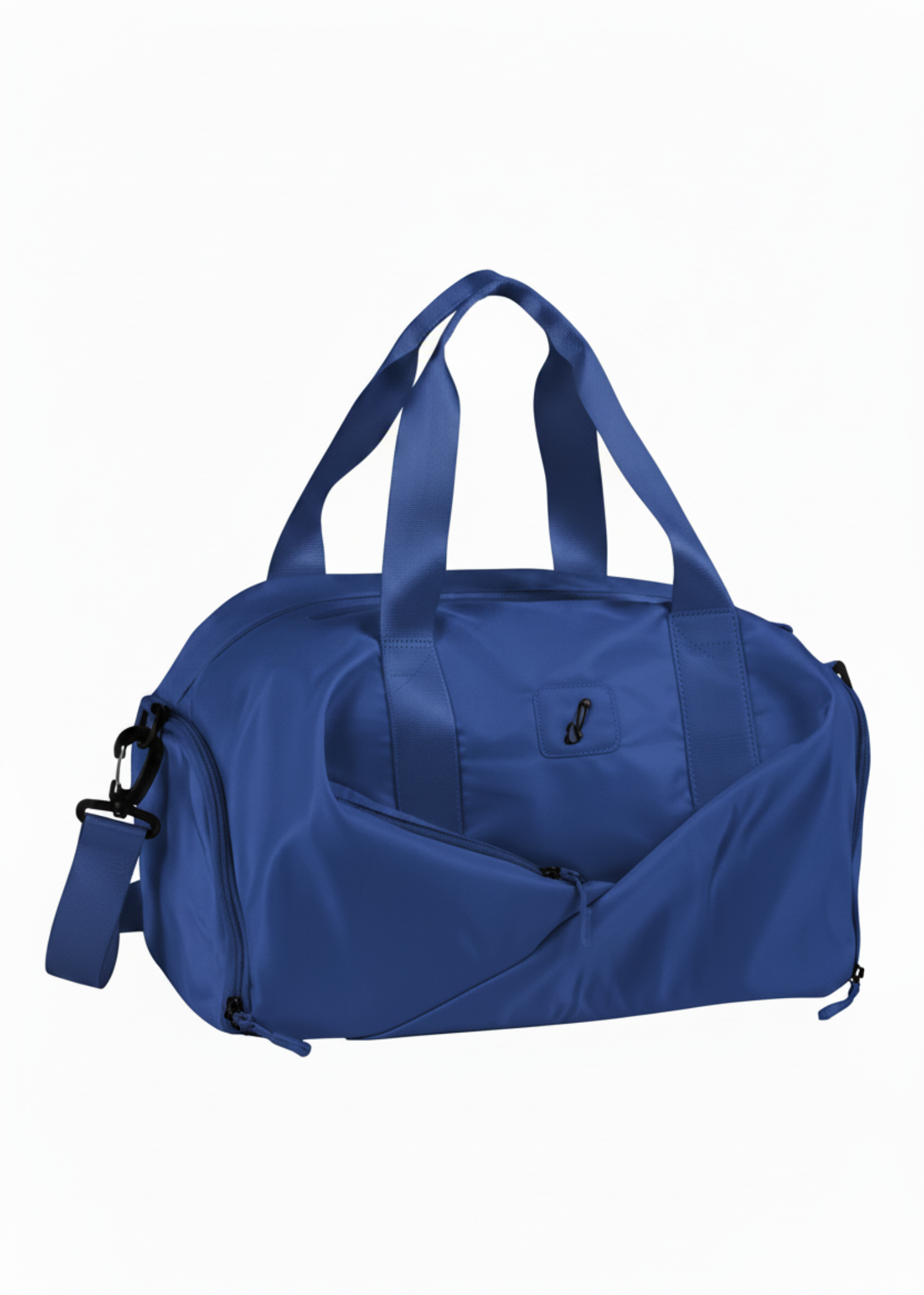 Danznmotion all-in-one dance duffel in Royal, angled front view showing structured barrel shape, front zip pocket, dual top handles, and adjustable shoulder strap