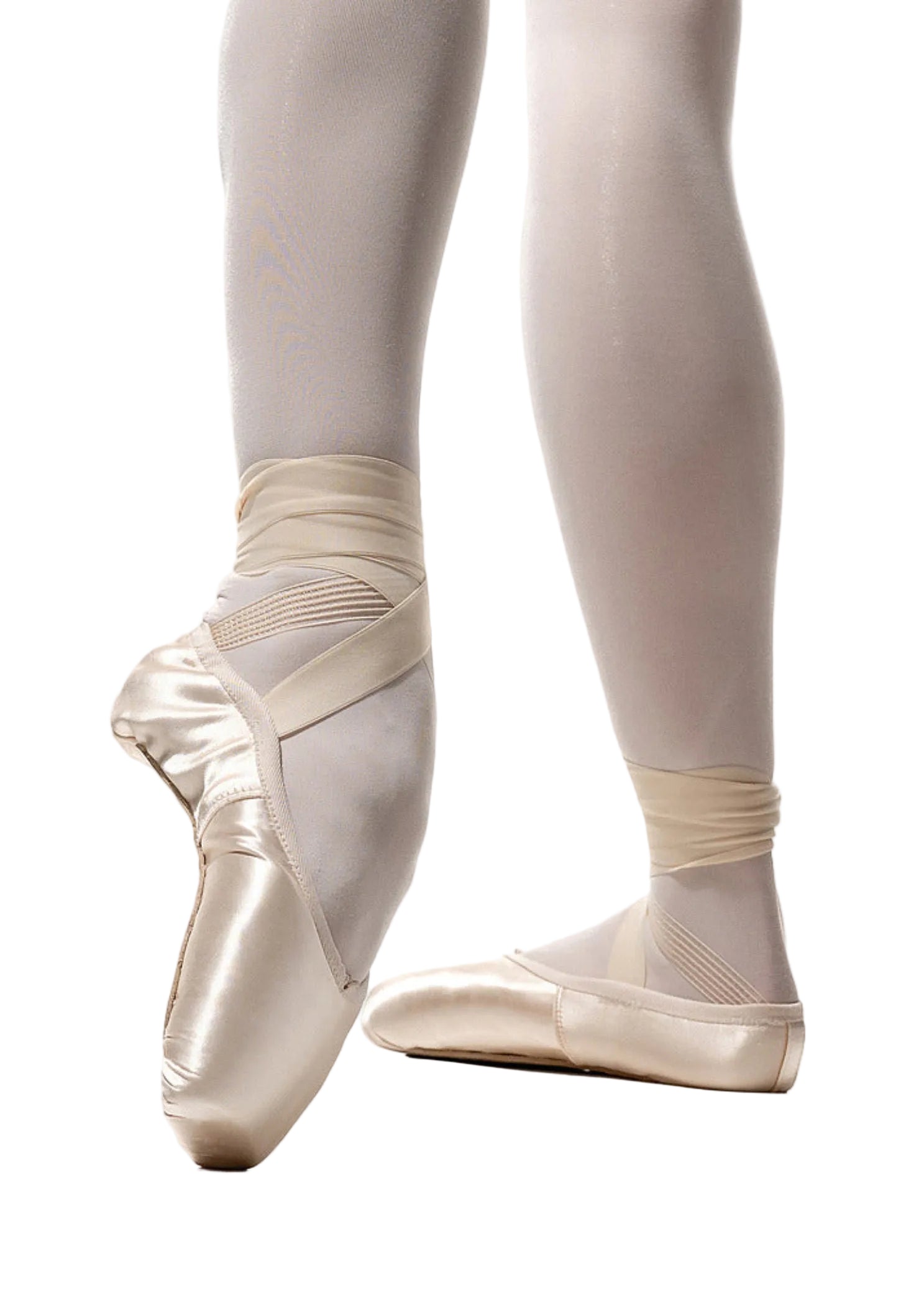 R Class Arpeggia Pointe Shoe Vamp 3 in Pink, lifestyle view showing satin upper with ribbons and elastic en pointe