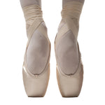 R Class Arpeggia Pointe Shoe Vamp 3 in Pink, lifestyle view showing back seam and drawstring with elastic en pointe