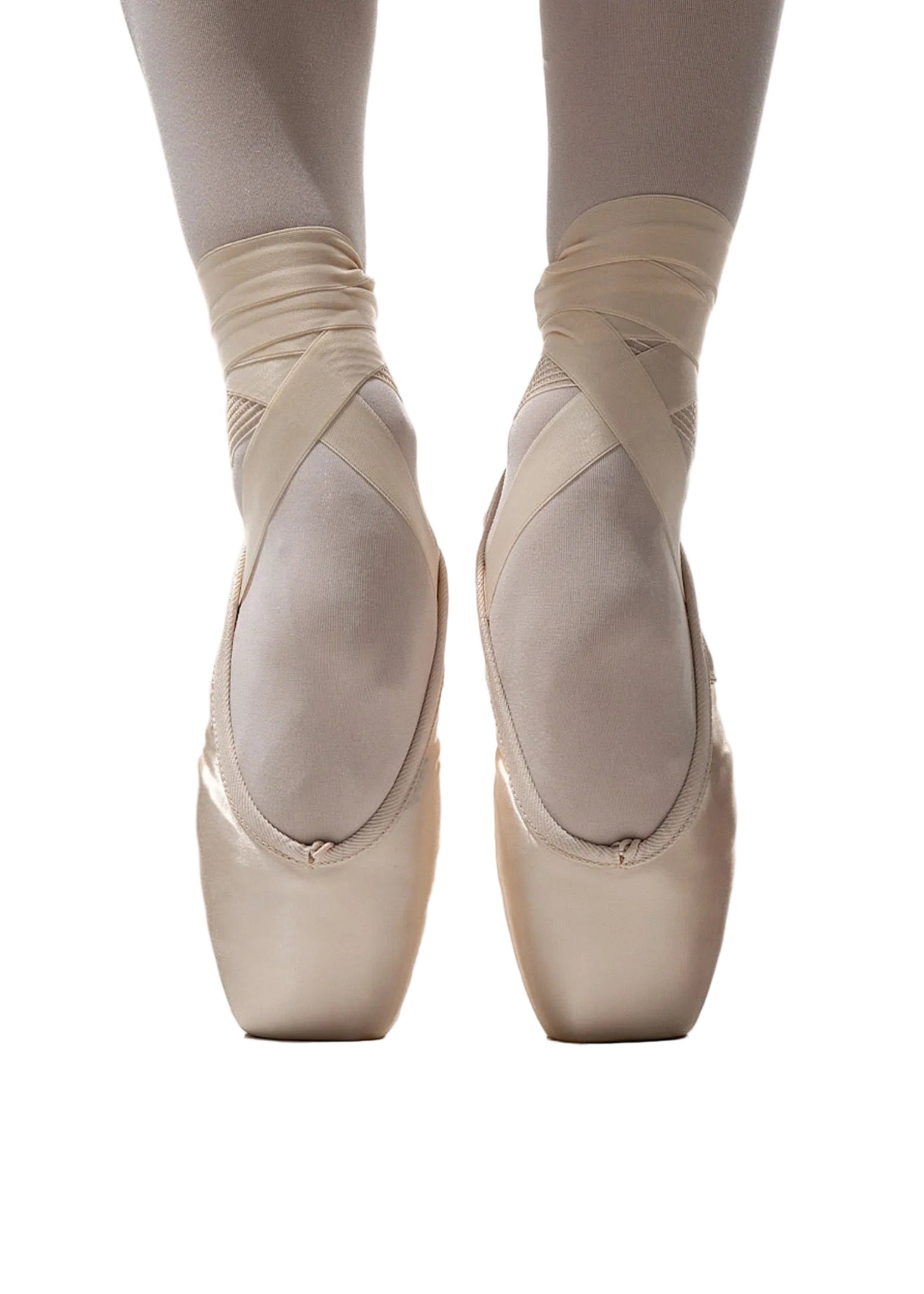 R Class Arpeggia Pointe Shoe Vamp 3 in Pink, lifestyle view showing back seam and drawstring with elastic en pointe
