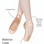 Bloch Balance Lisse Pointe Shoe in Pink, detail view showing satin upper construction and platform edge