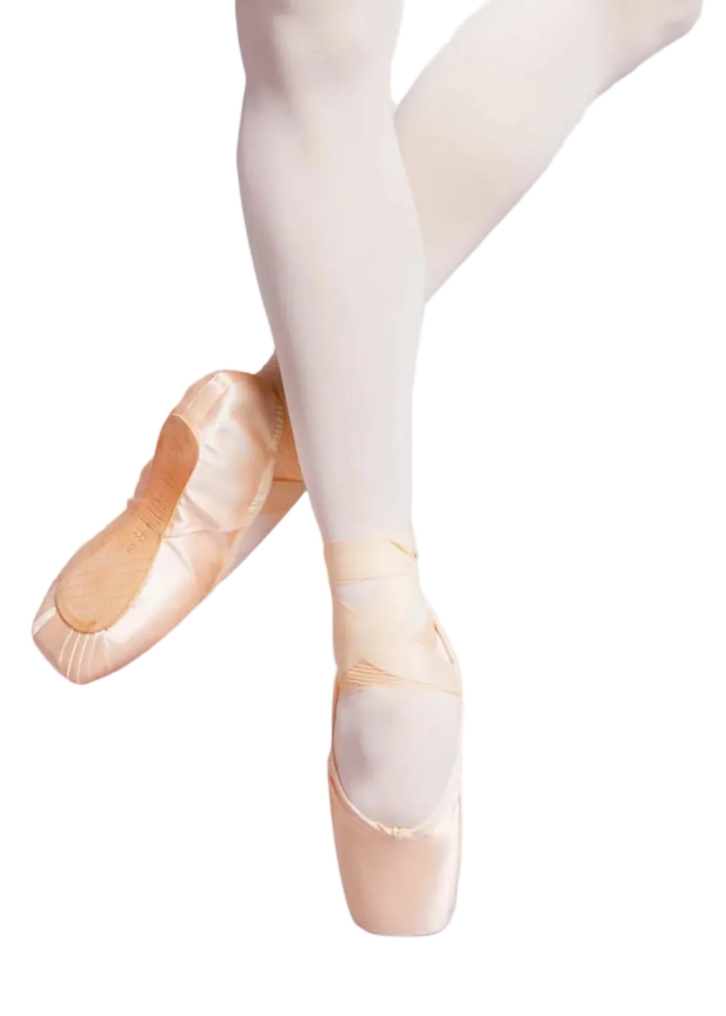 Bloch Balance Lisse Pointe Shoe in Pink, lifestyle view showing satin upper with ribbons and wide platform