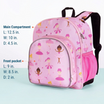 Wildkin Ballerina Snack Backpack in Pink, dimensions view showing main compartment 12.5 x 10 x 4.5 inches