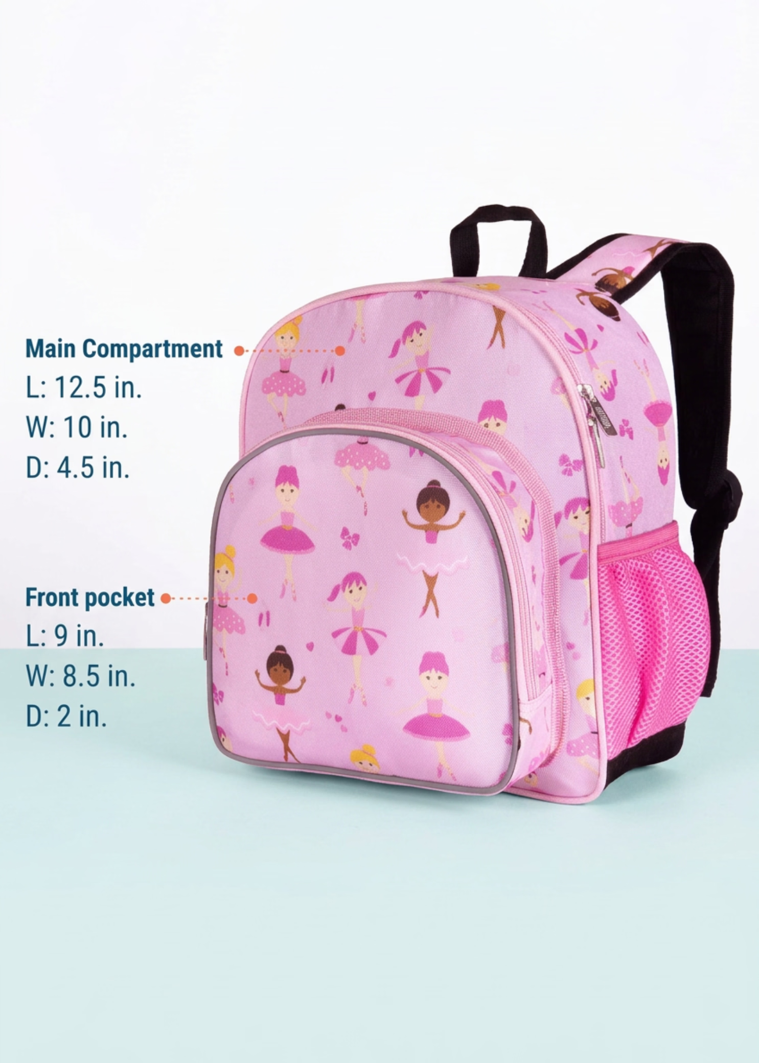 Wildkin Ballerina Snack Backpack in Pink, dimensions view showing main compartment 12.5 x 10 x 4.5 inches