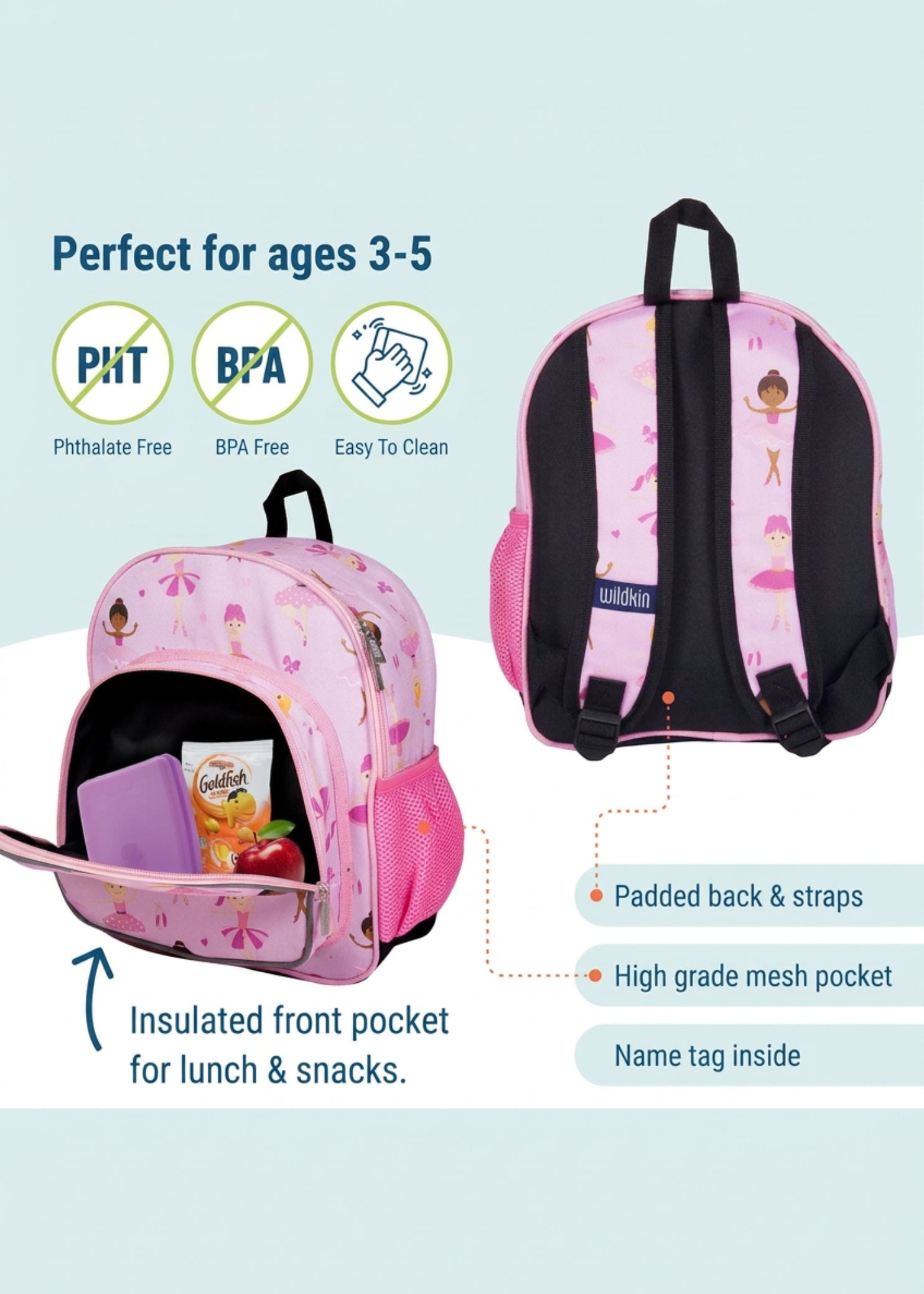 Wildkin Ballerina Snack Backpack in Pink, features breakdown showing insulated front pocket and padded straps