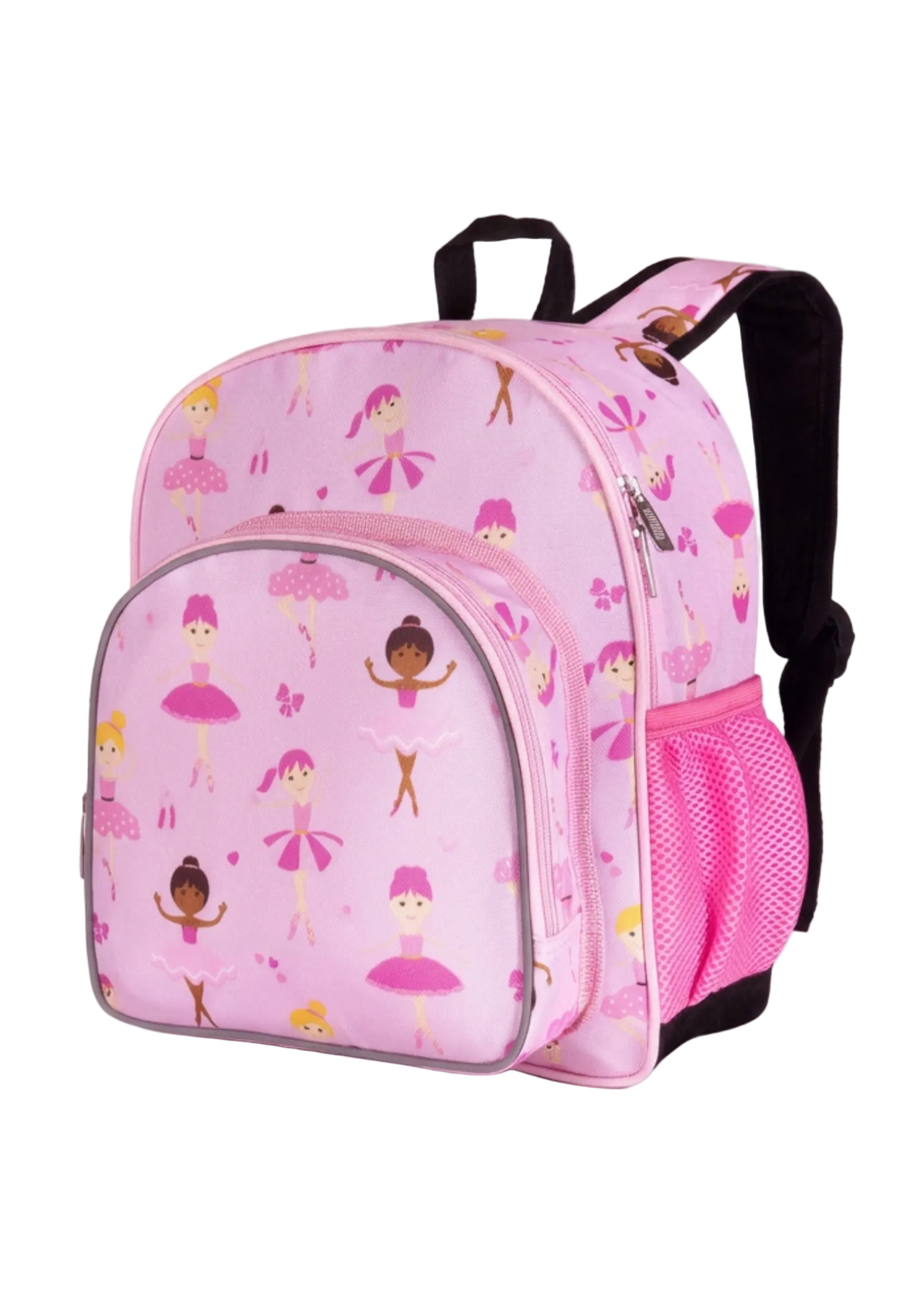 Wildkin Polyester Ballerina Snack Backpack in Pink, front view showing ballerina print and mesh bottle pocket