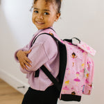 Wildkin Polyester Ballerina Snack Backpack in Pink, lifestyle view showing ballerina print and padded straps