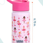 Wildkin Ballerina Steel Bottle (14 oz), dimensions view showing 6.75-inch height and 2.875-inch width