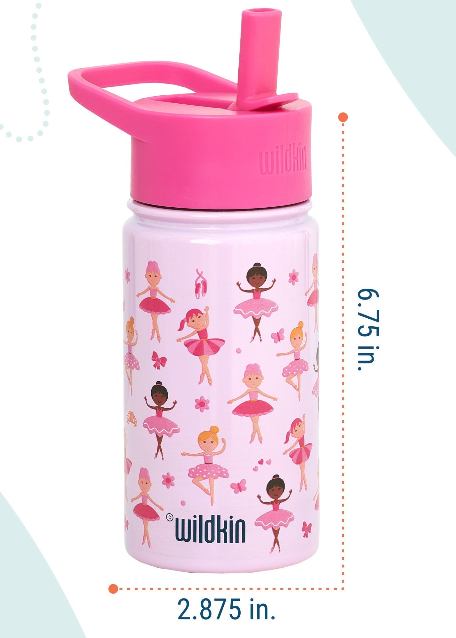 Wildkin Ballerina Steel Bottle (14 oz), dimensions view showing 6.75-inch height and 2.875-inch width