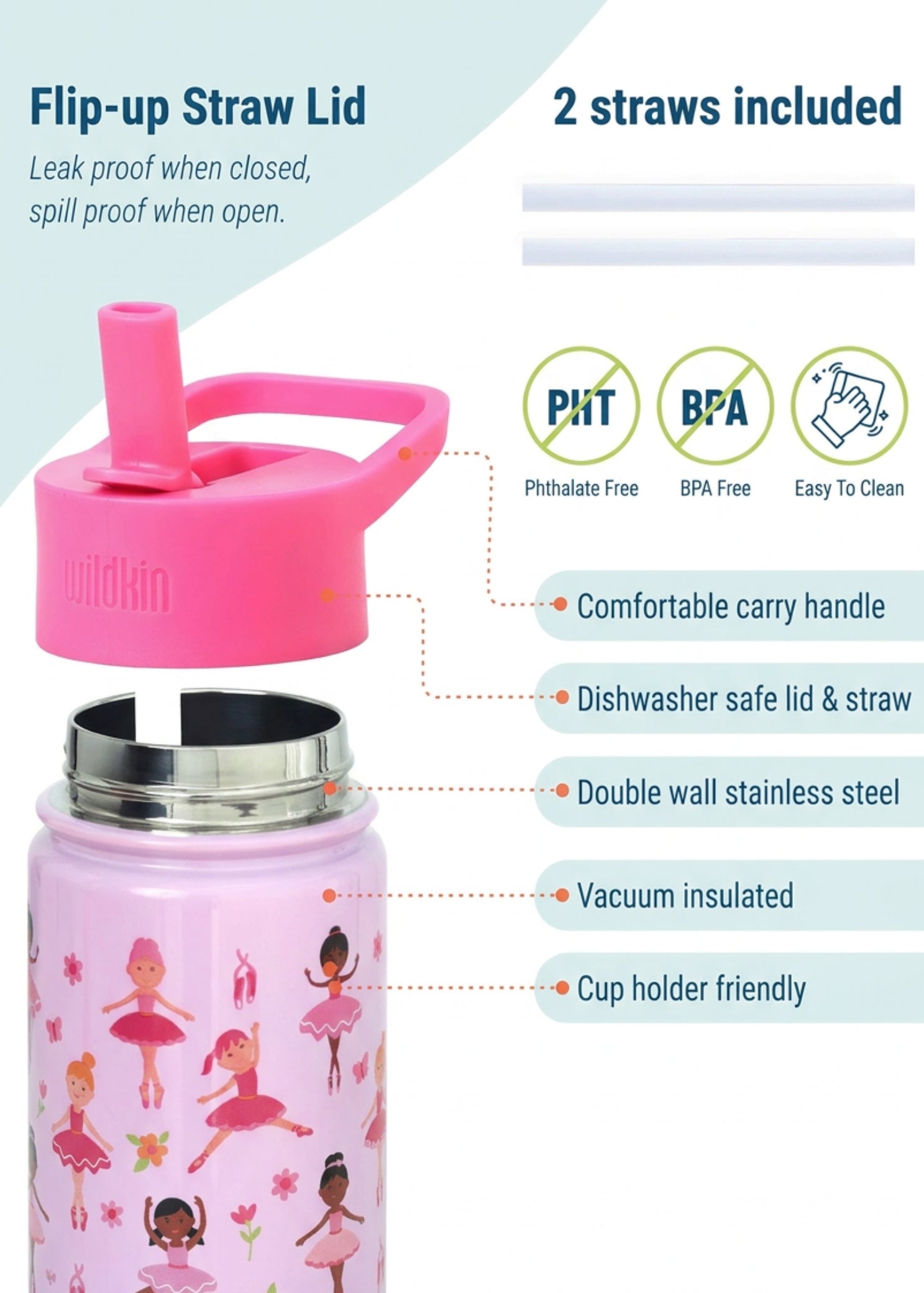 Wildkin Ballerina Steel Bottle (14 oz), features breakdown showing insulated steel, flip-up lid and two straws