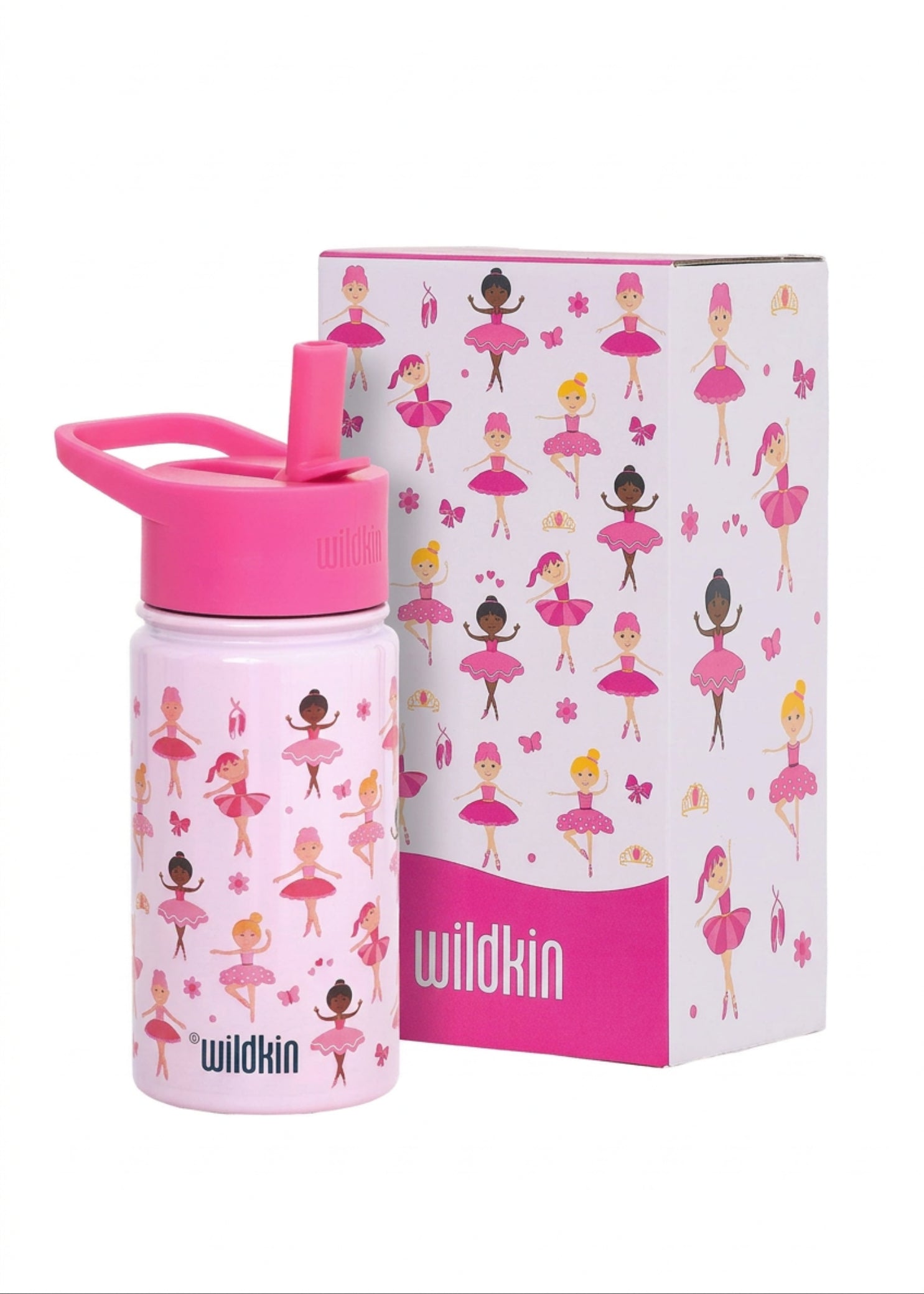 Wildkin Stainless Steel Ballerina Steel Bottle (14 oz), packaging view showing ballerina print and straw lid