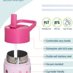 Wildkin Ballerina Steel Bottle (18 oz), features breakdown showing insulated steel, flip-up lid and two straws