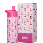 Wildkin Stainless Steel Ballerina Steel Bottle (18 oz), packaging front view showing ballerina print and straw lid