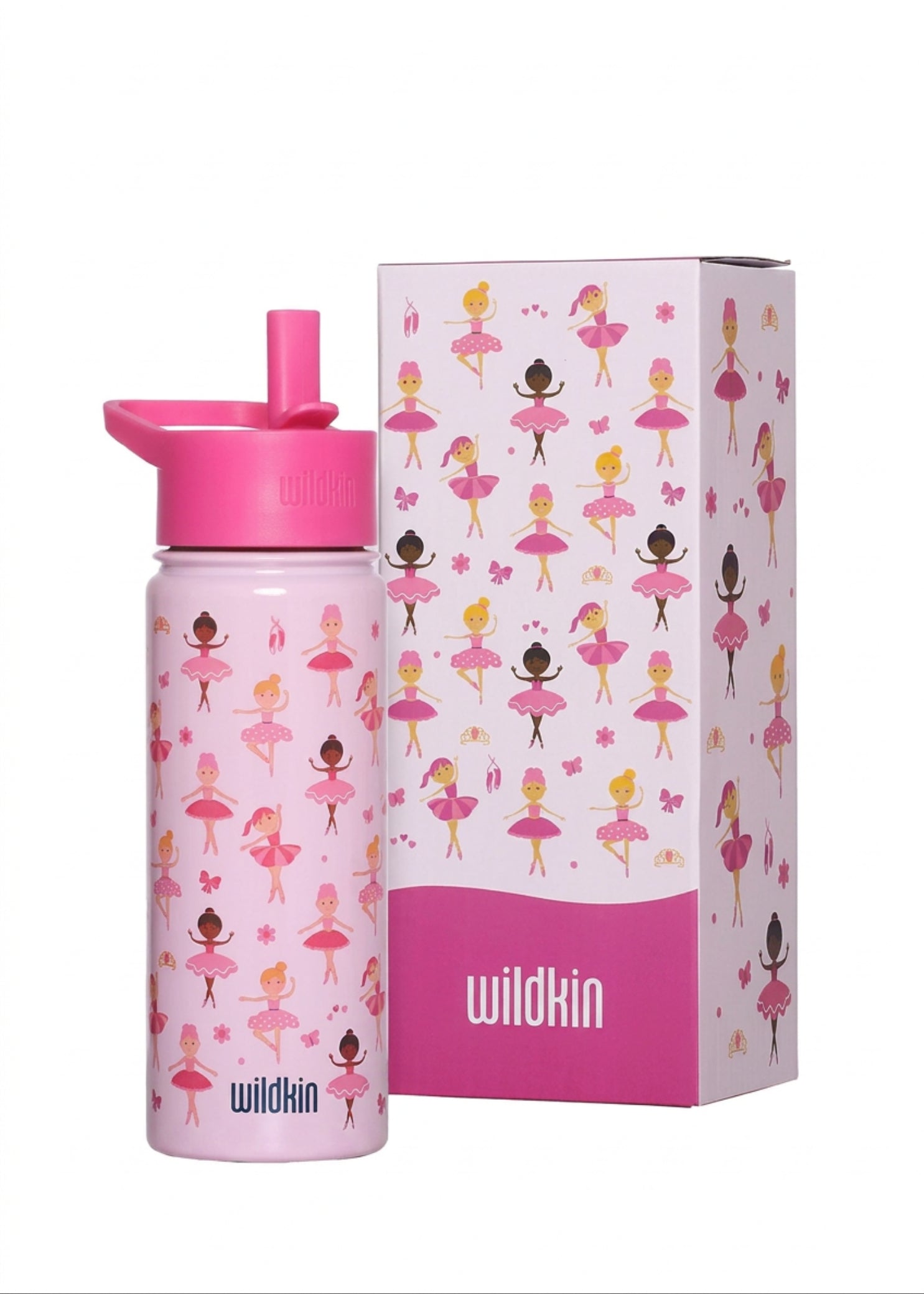 Wildkin Stainless Steel Ballerina Steel Bottle (18 oz), packaging front view showing ballerina print and straw lid