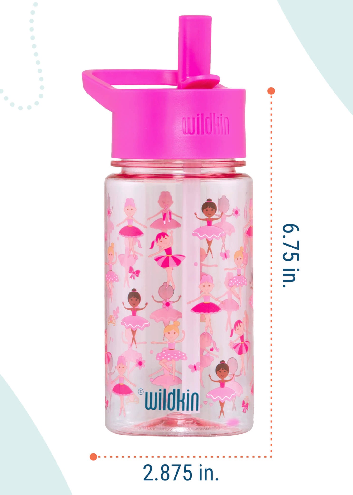 Wildkin Ballerina Tritan Bottle (16 oz), dimensions view showing 6.75-inch height and 2.875-inch base diameter