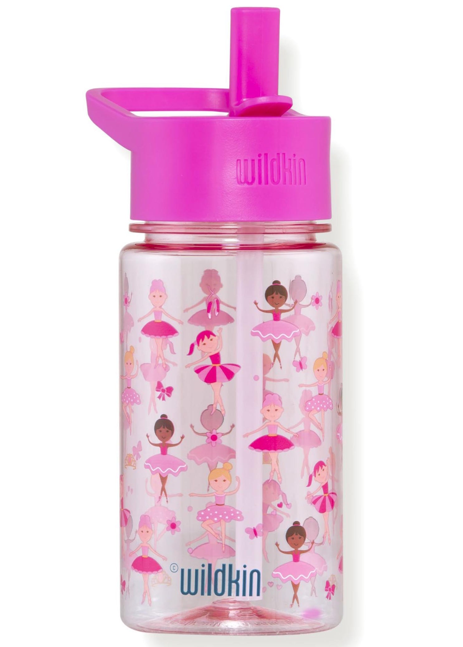 Wildkin Ballerina Tritan Bottle (16 oz), front view showing clear plastic, ballerina print and flip-up straw lid