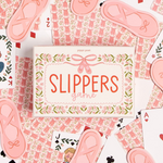 Pippi Post Ballet Slippers Card Game, front view showing floral box, playing cards and pink slipper pieces