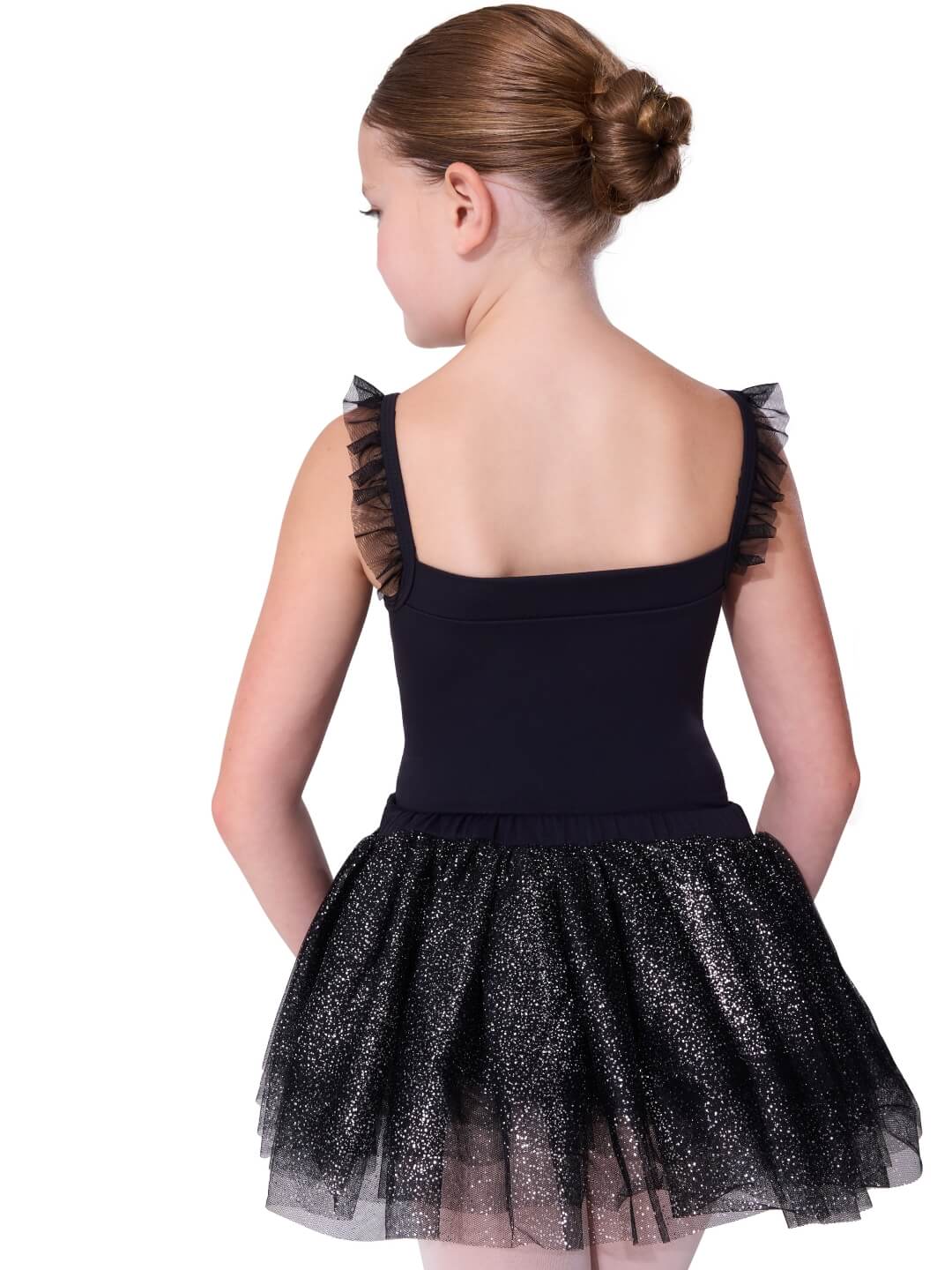 Capezio Ballet Tulle Skirt in Black, back view showing multi-layer glitter tulle skirt with elastic waistband