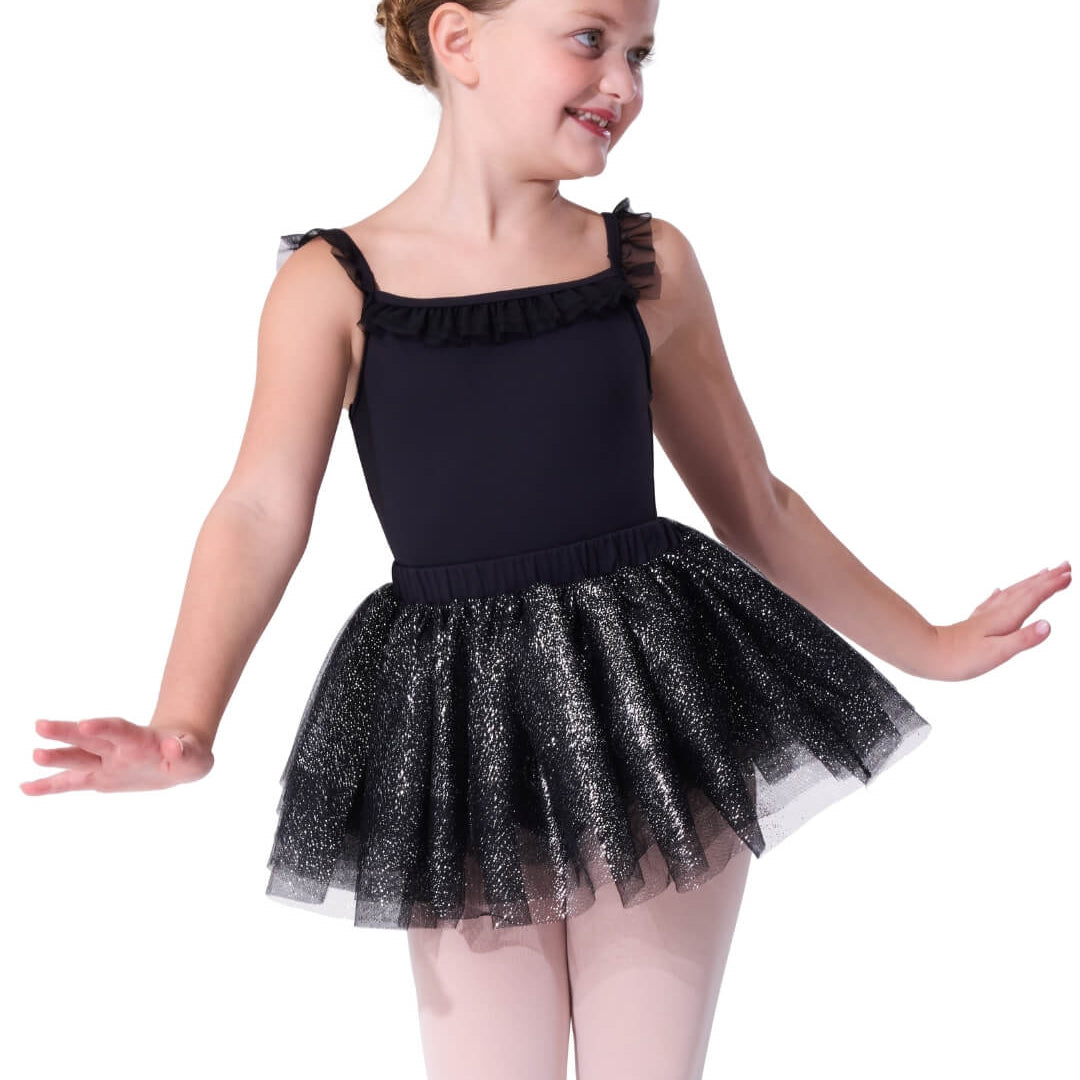 Capezio Ballet Tulle Skirt in Black, front view showing multi-layer glitter tulle skirt with elastic waistband