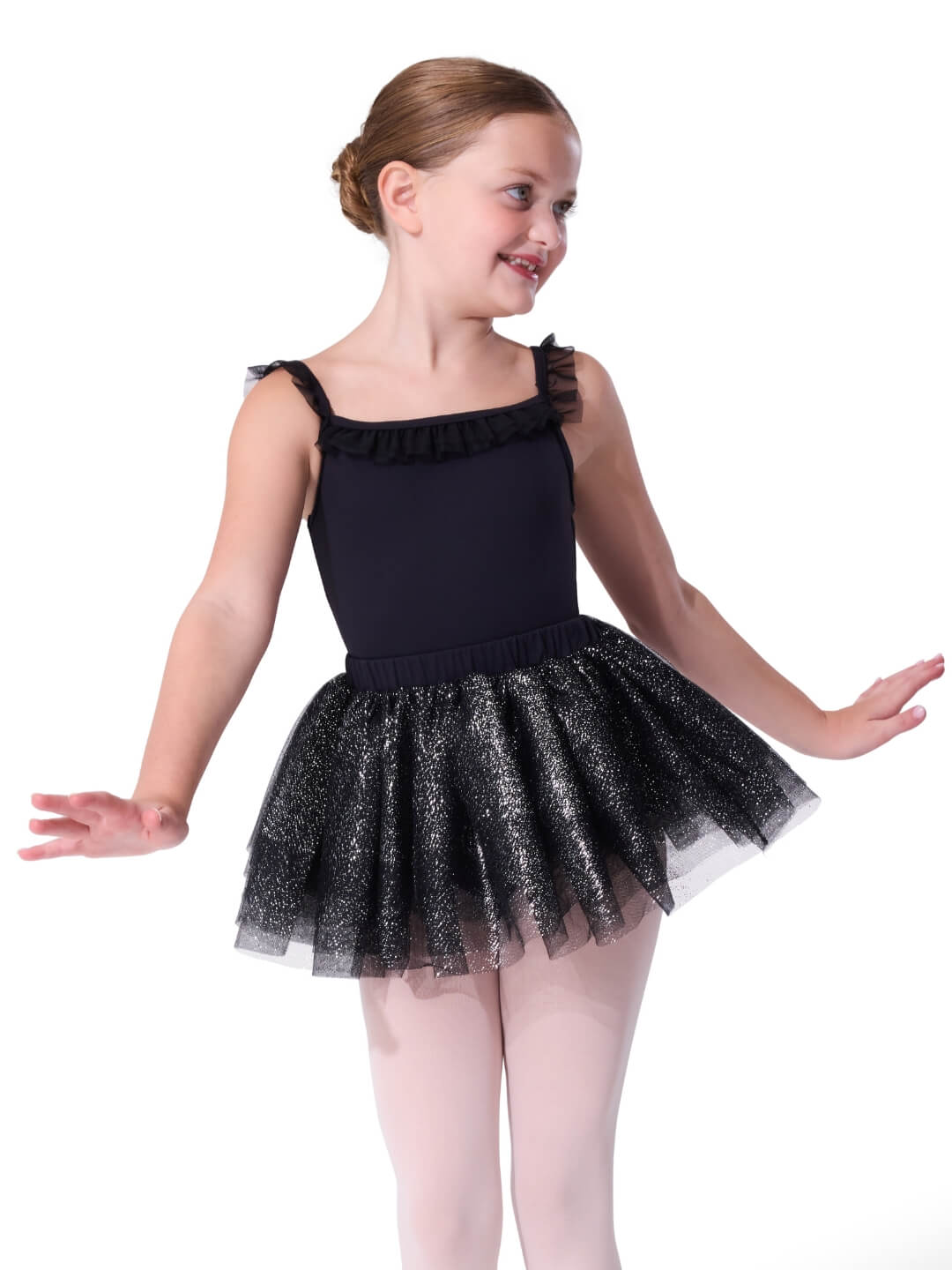 Capezio Ballet Tulle Skirt in Black, front view showing multi-layer glitter tulle skirt with elastic waistband