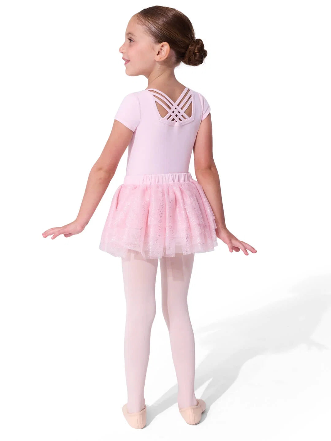 Capezio Ballet Tulle Skirt in Flushing Pink, back view showing multi-layer glitter tulle skirt with elastic waistband
