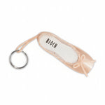 Bloch Satin miniature pointe shoe bag charm in pink, top view showing Bloch logo sole and metal key ring
